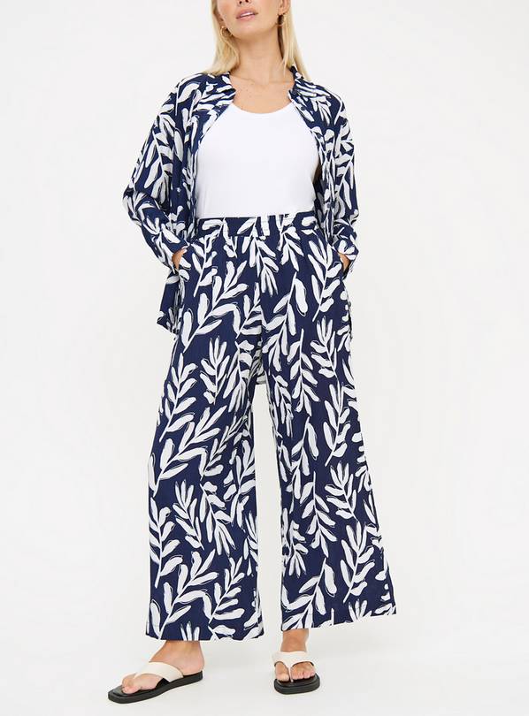 Navy Leaf Print Textured Wide Leg Coord Trousers 24